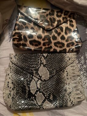 Leopard and Snakeskin Envelope Clutch Duo - Brown & Gray